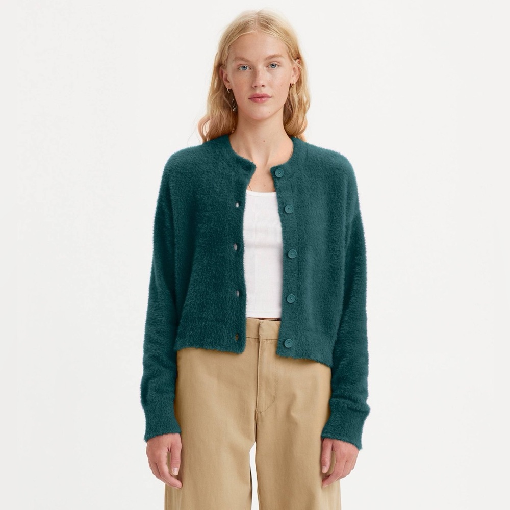 Levi’s Green Cardigan Sweater Fuzzy Deep Sea Moss NWOT Small